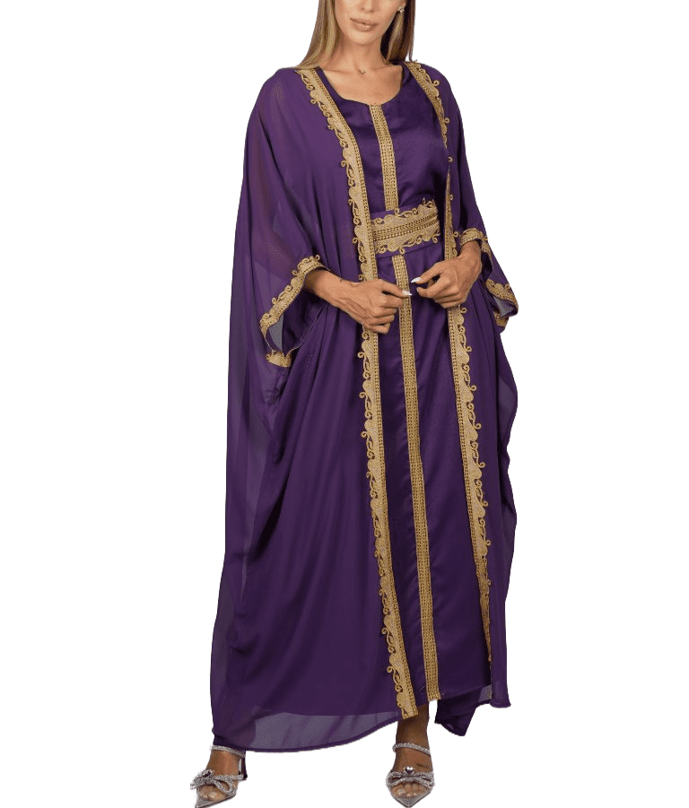Purple Formal Dress with Golden Embroidery - Free Size