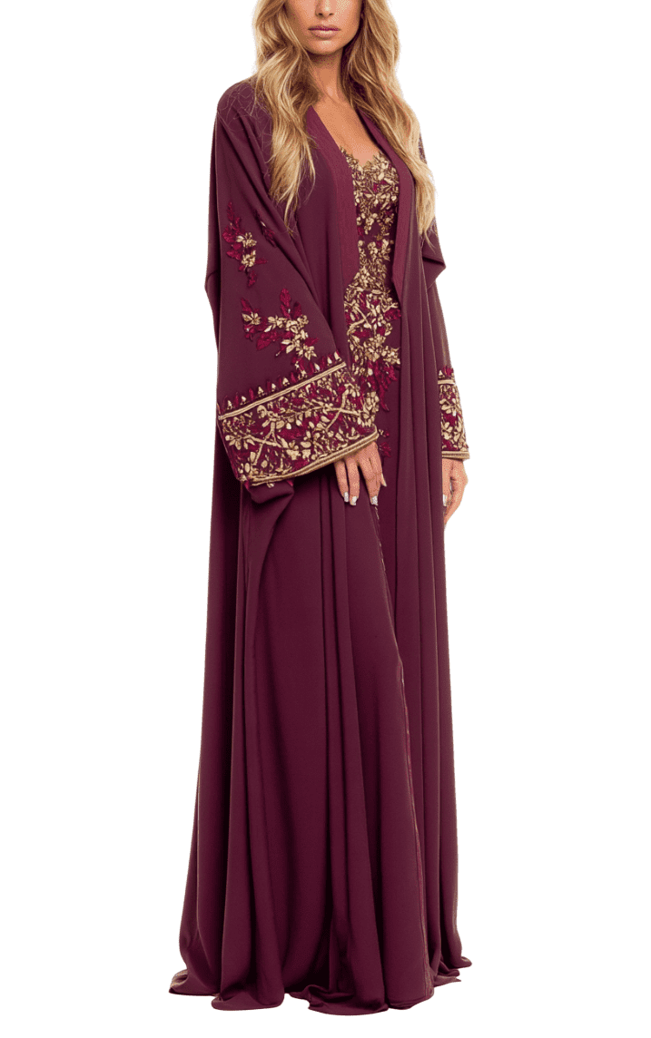 Matt Purple Dress with Golden Embroidery - Free Size