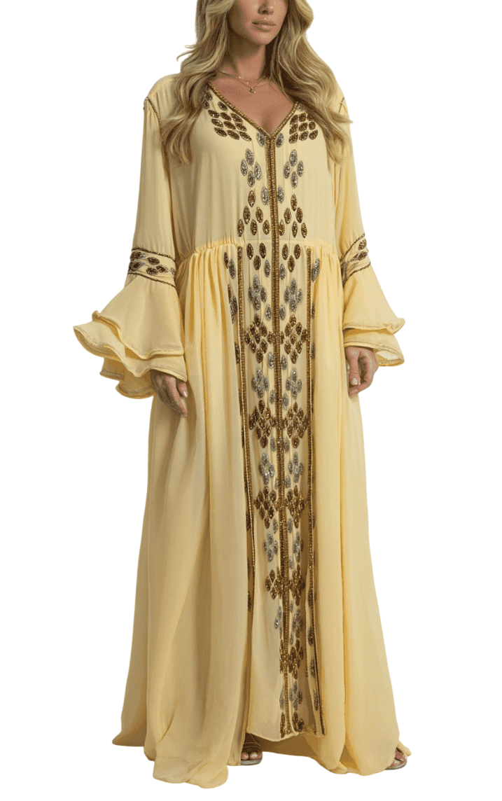 Golden with Full Length Embroidery Dress Free Size