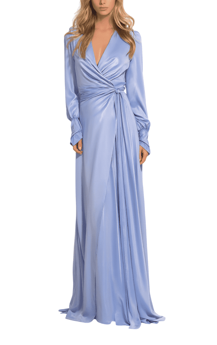 Stylish Victoria Blue Silky Long Wrap Around Dress With Long Slee