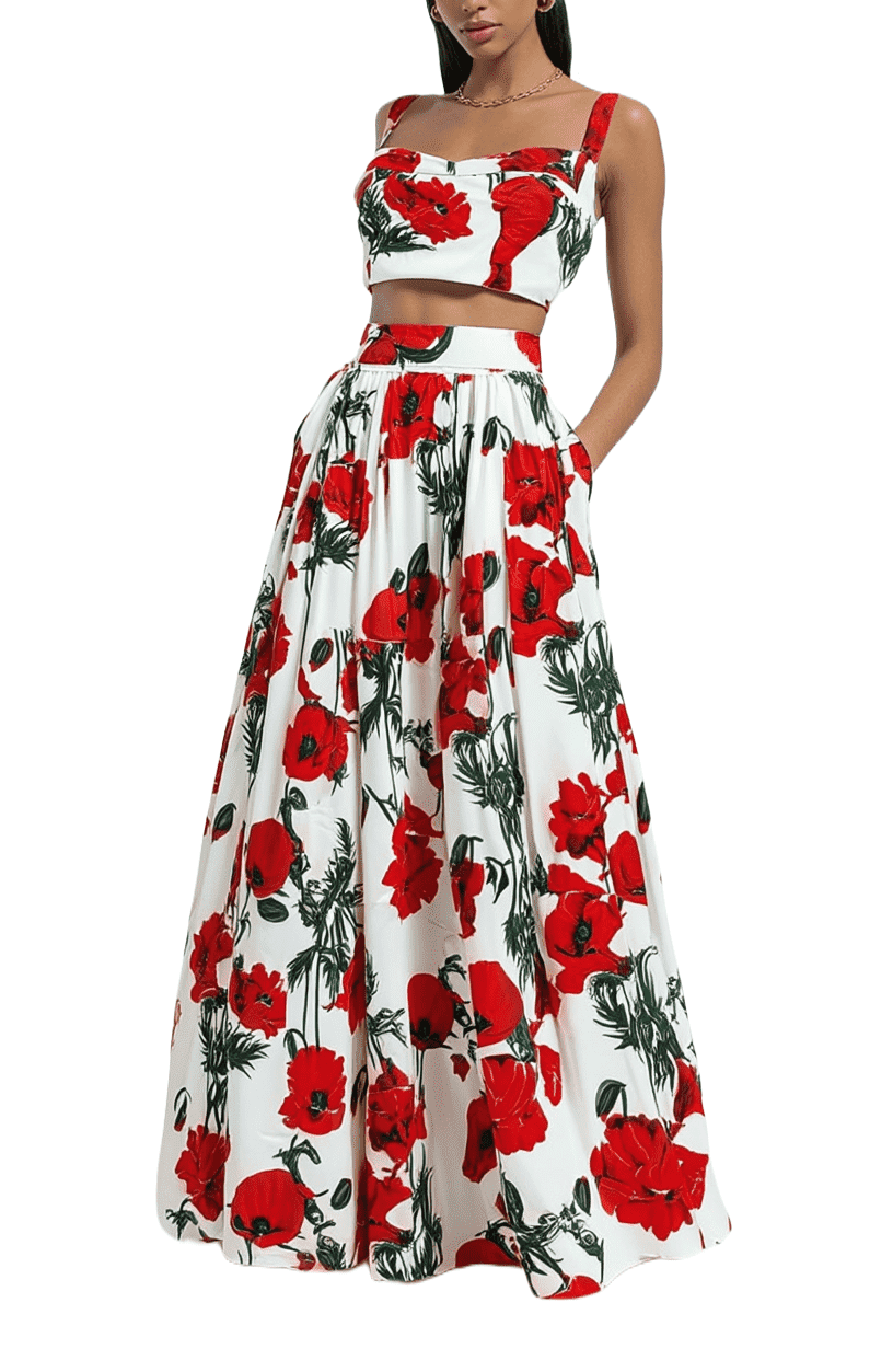 Latest Diana Red Flower Print Long Skirt And Crop Top Small size