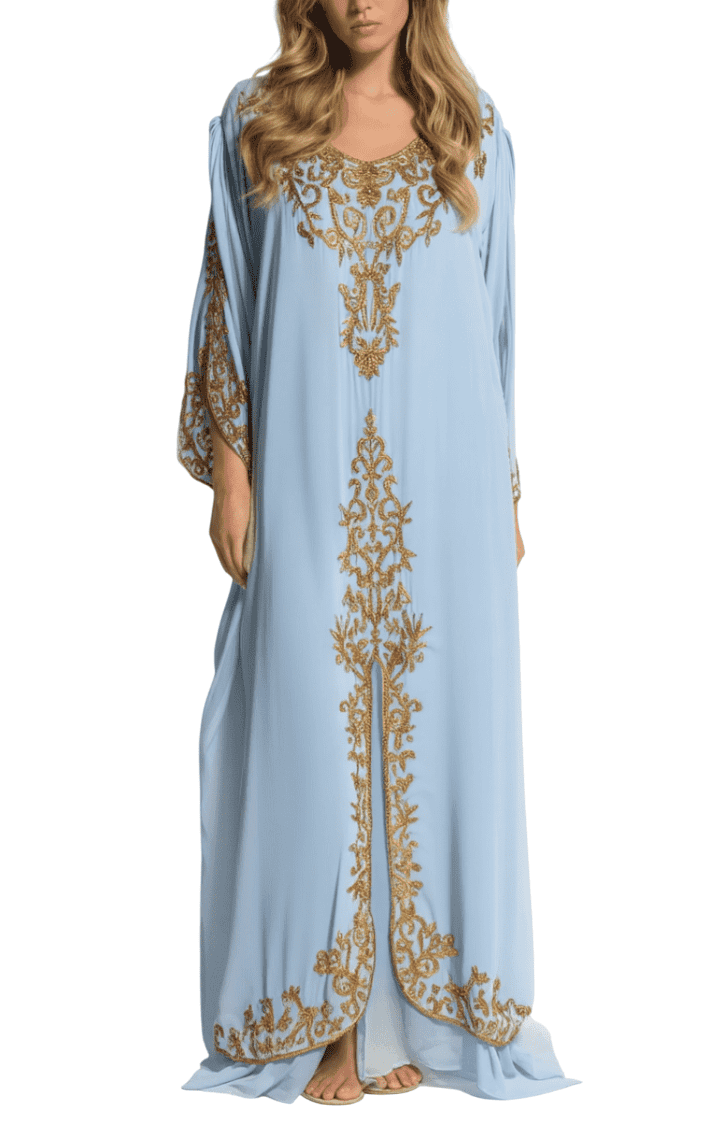 MG Elegant light blue flowing dress with golden detailing