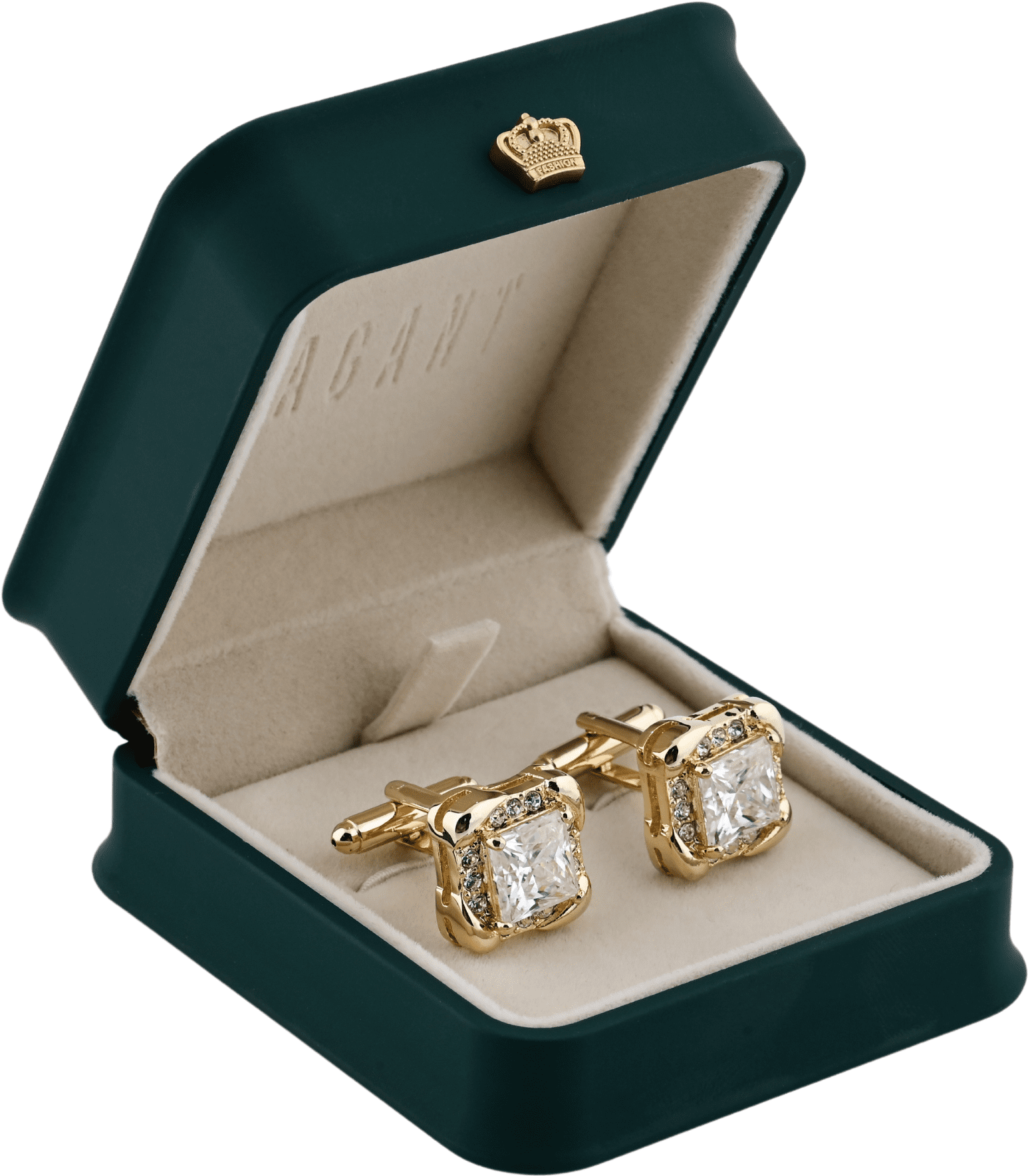 White Cufflinks With Princess-Cut Stone and Gold Frame