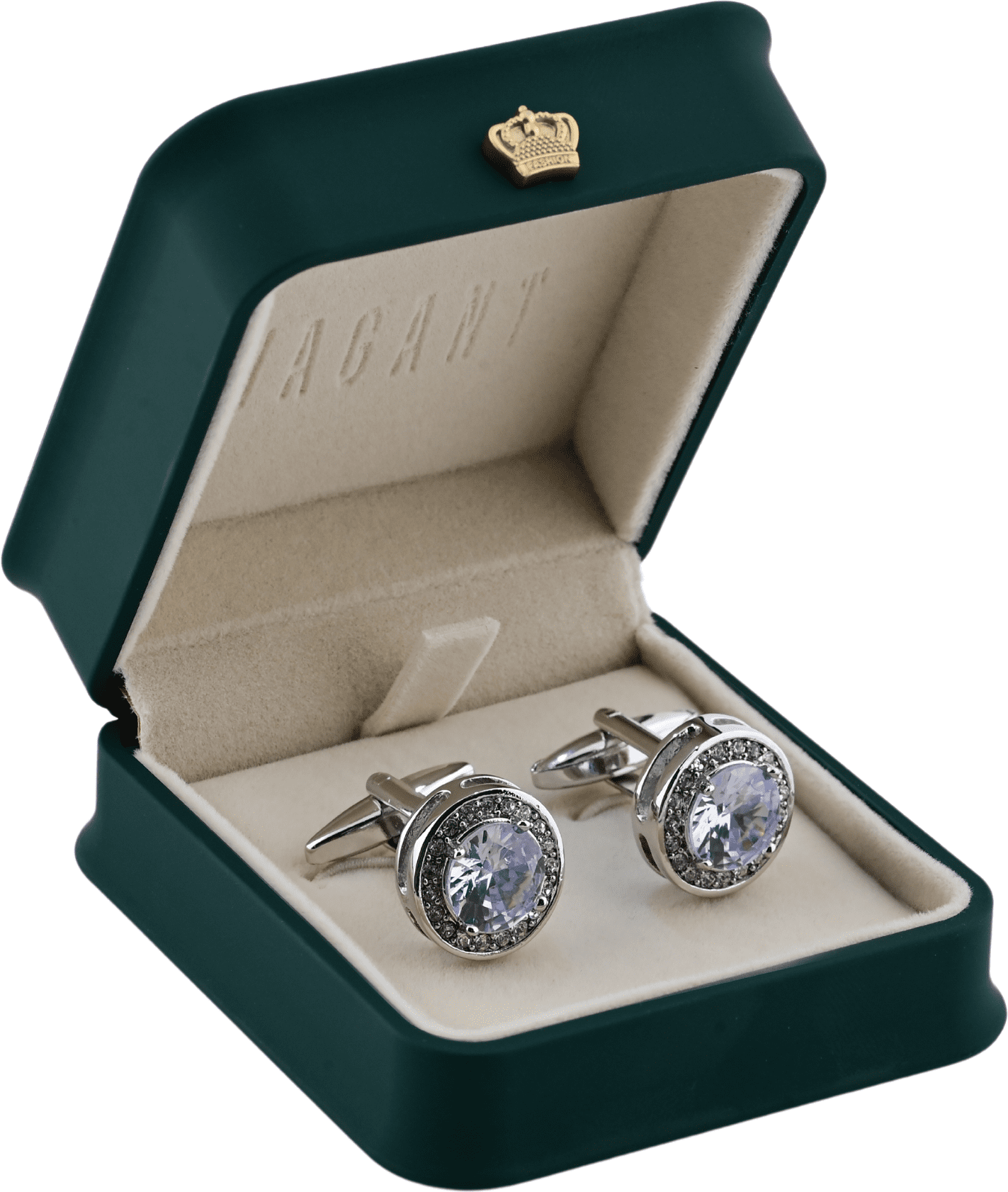 Round Silver Cufflinks With Clear Crystal