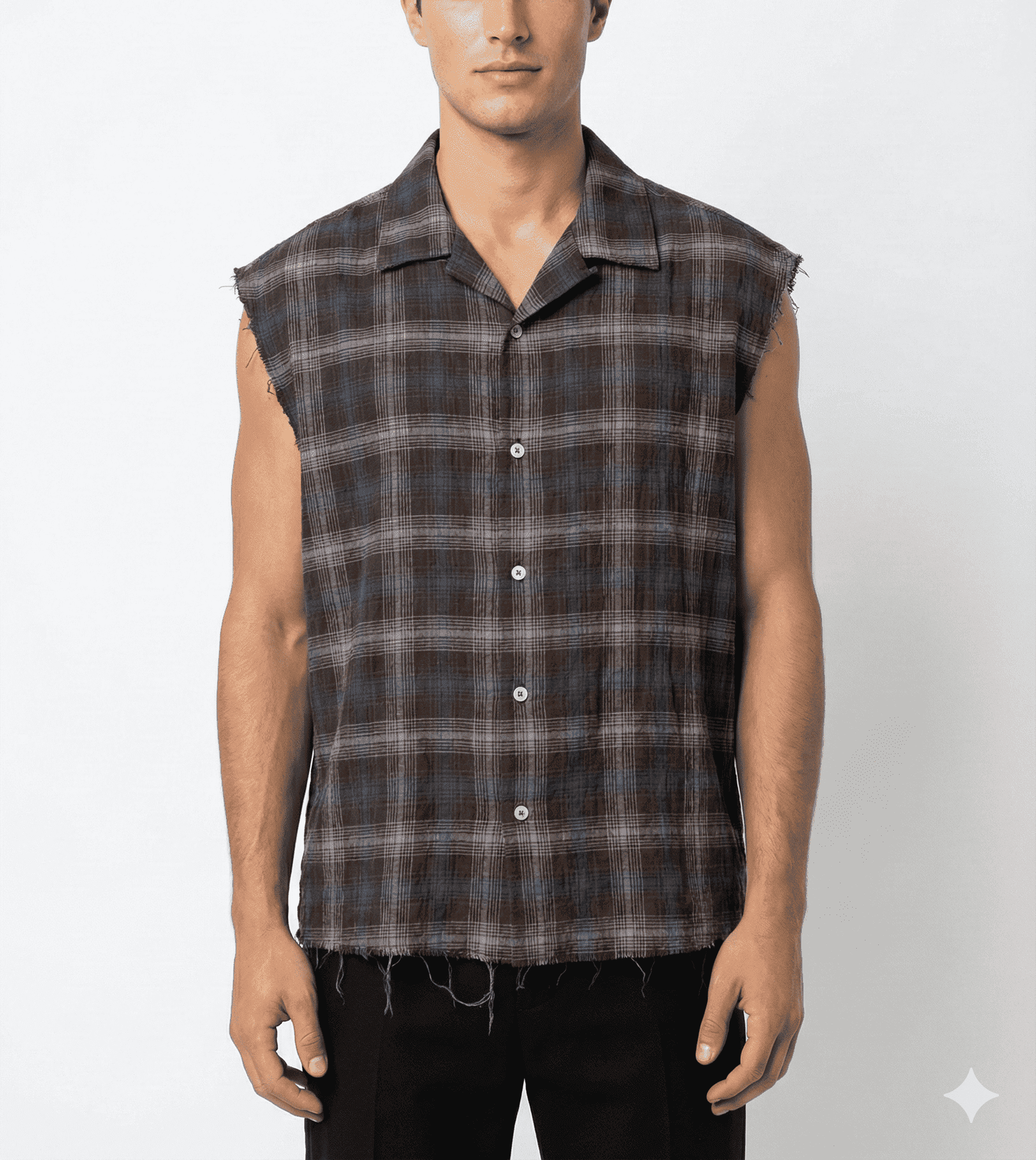 Brown Checkered Raw-Hem Short Sleeve Shirt
