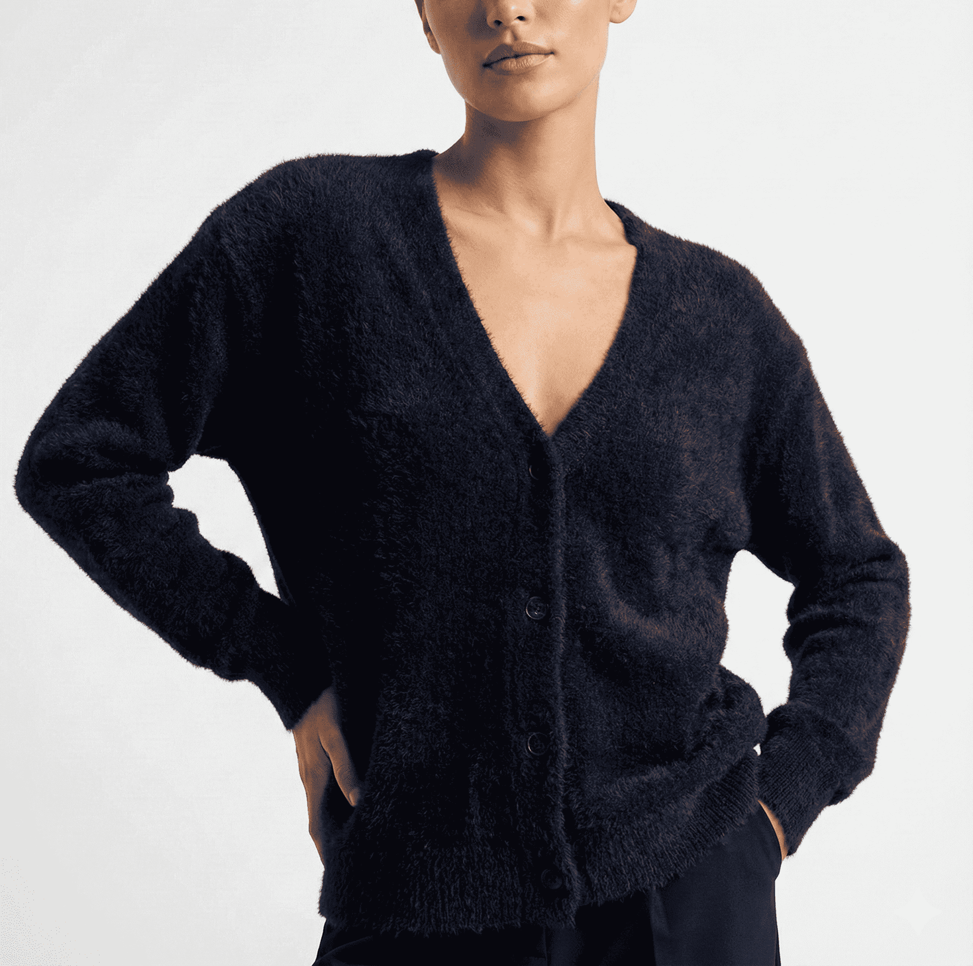 Latest Black V-Neck Buttoned Fuzzy Cardigan