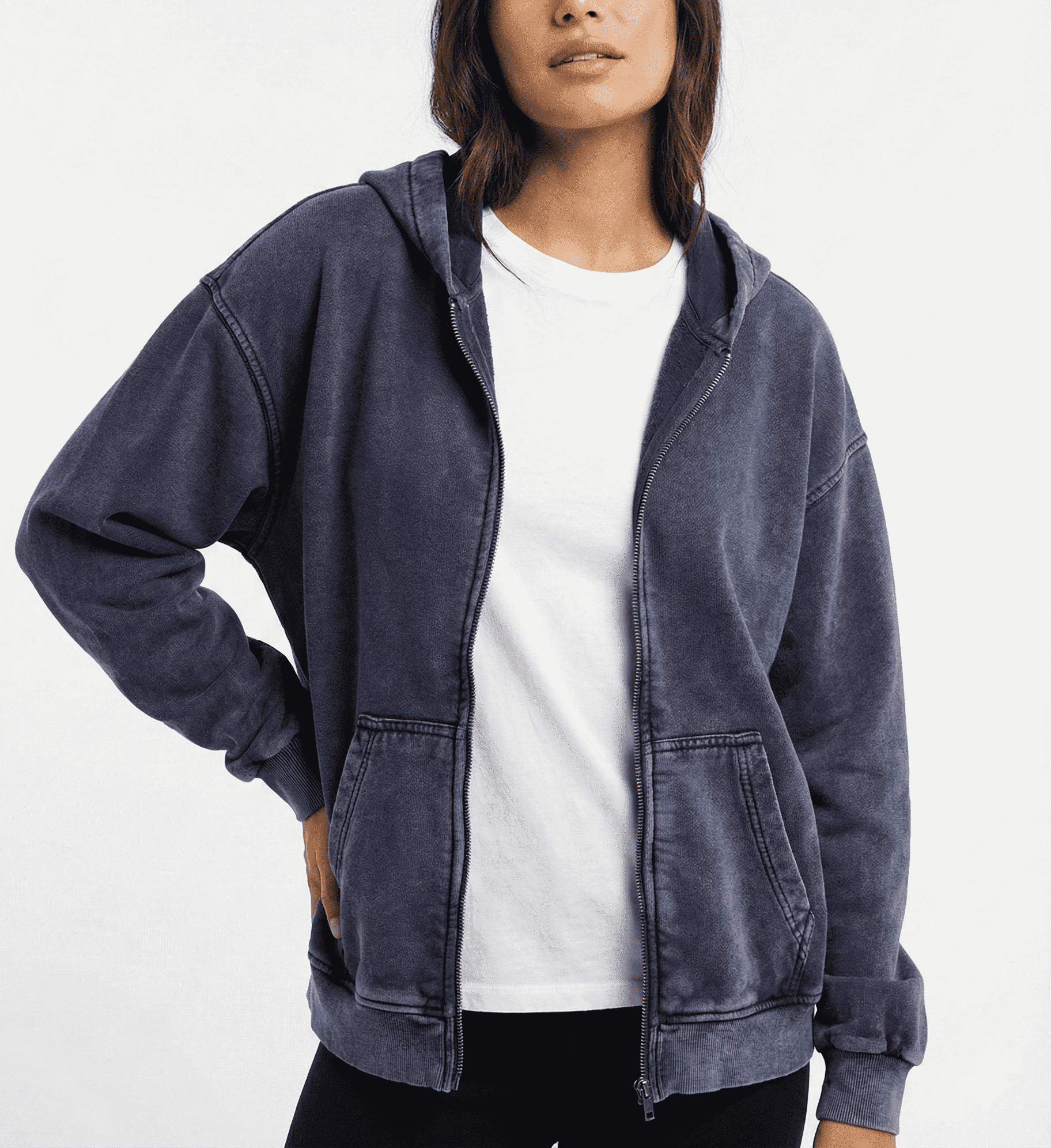 Best Price Washed Blue Zip-Up Hooded Sweatshirt
