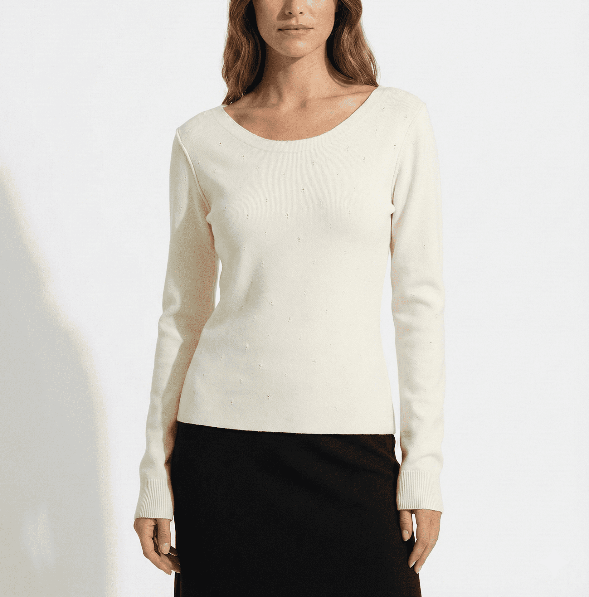 Ivory Cropped Long-Sleeve Knit T-Shirt