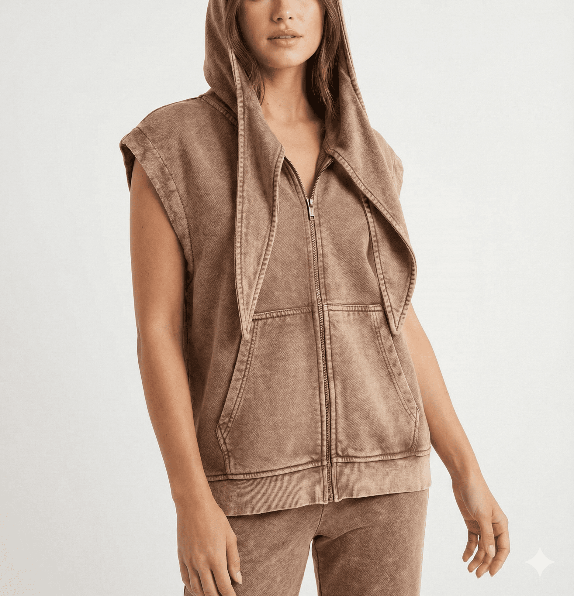 Latest Brown Sleeveless Hooded Zip-Up Vest
