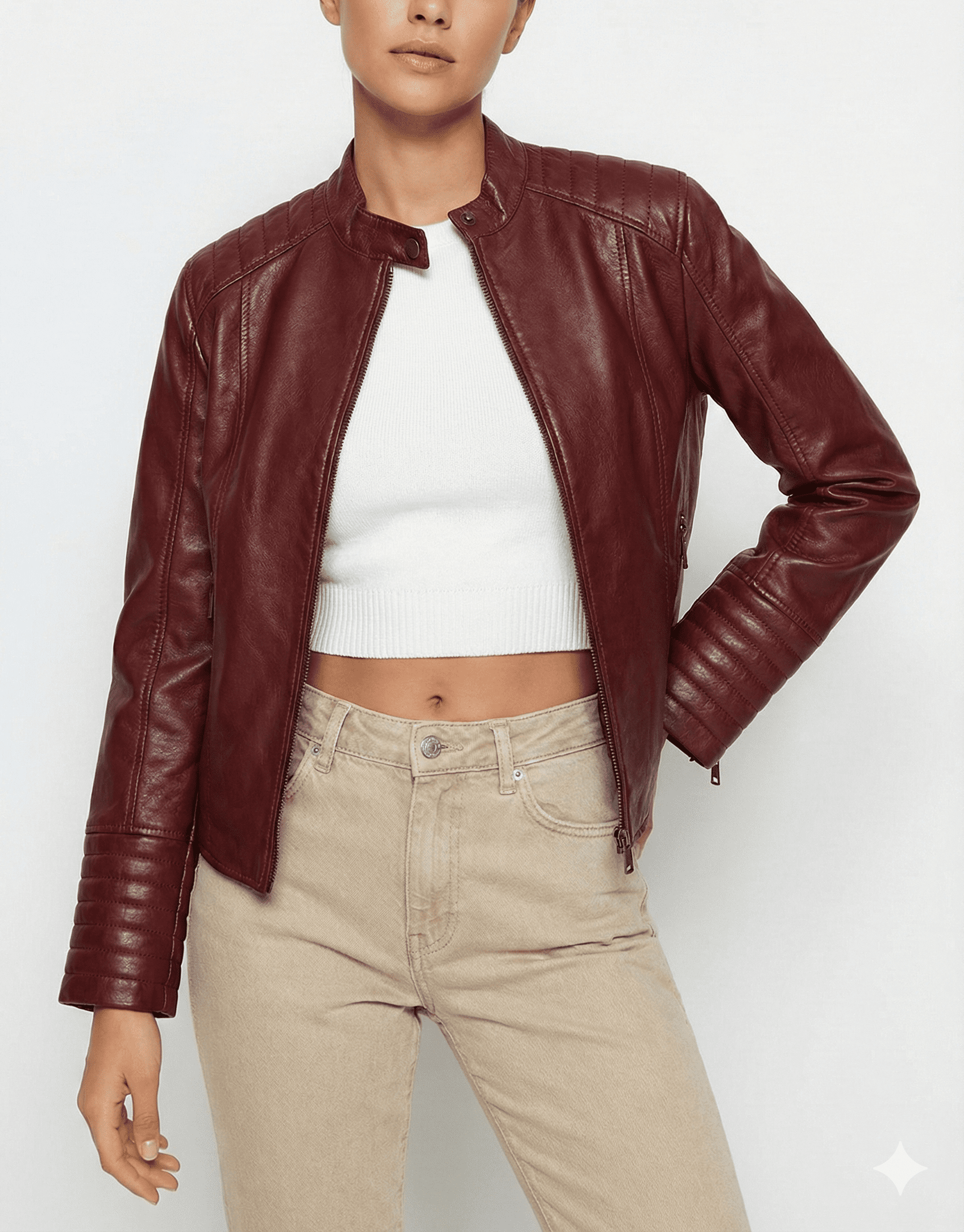 Burgundy Quilted Panel Leather Jacket | Elegant Fashion