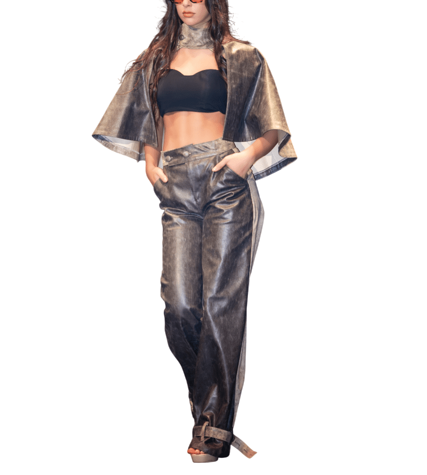 Best Price Brown Cropped Leather Short-Sleeve Jacket