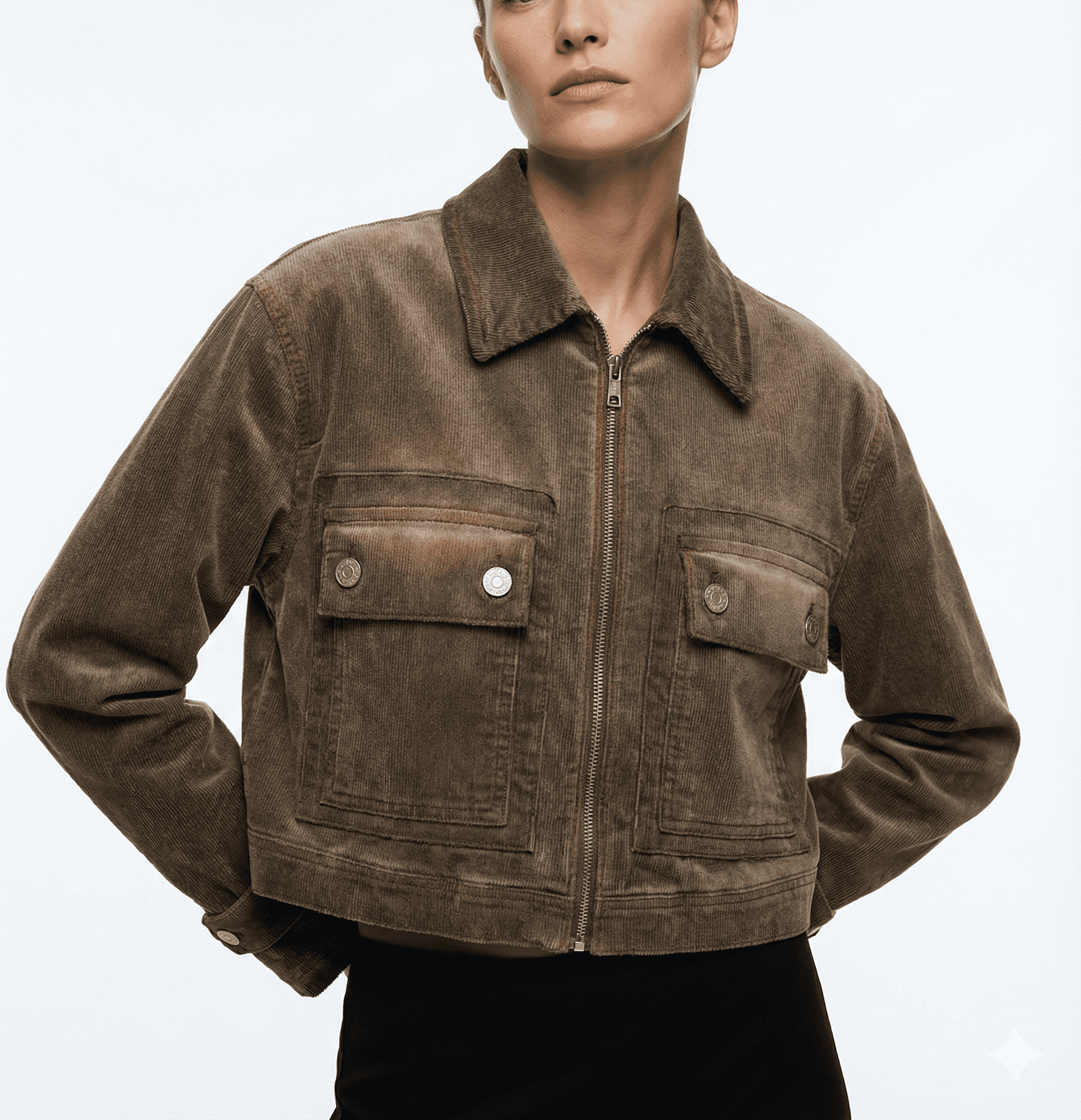 Brown Cropped Corduroy Zip Jacket | Elegant Fashion