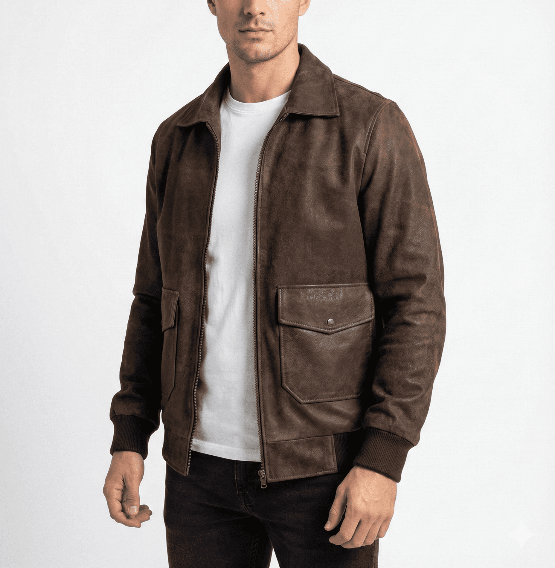 Dark Brown Utility Leather Jacket with Flap Pockets
