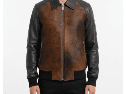 Two-Tone Brown and Black Leather Bomber Jacket