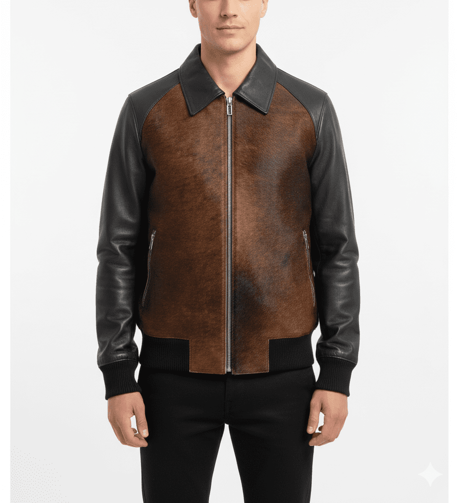 Two-Tone Brown and Black Leather Bomber Jacket