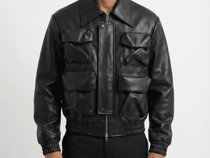 Black Utility Pocket Leather Bomber Jacket
