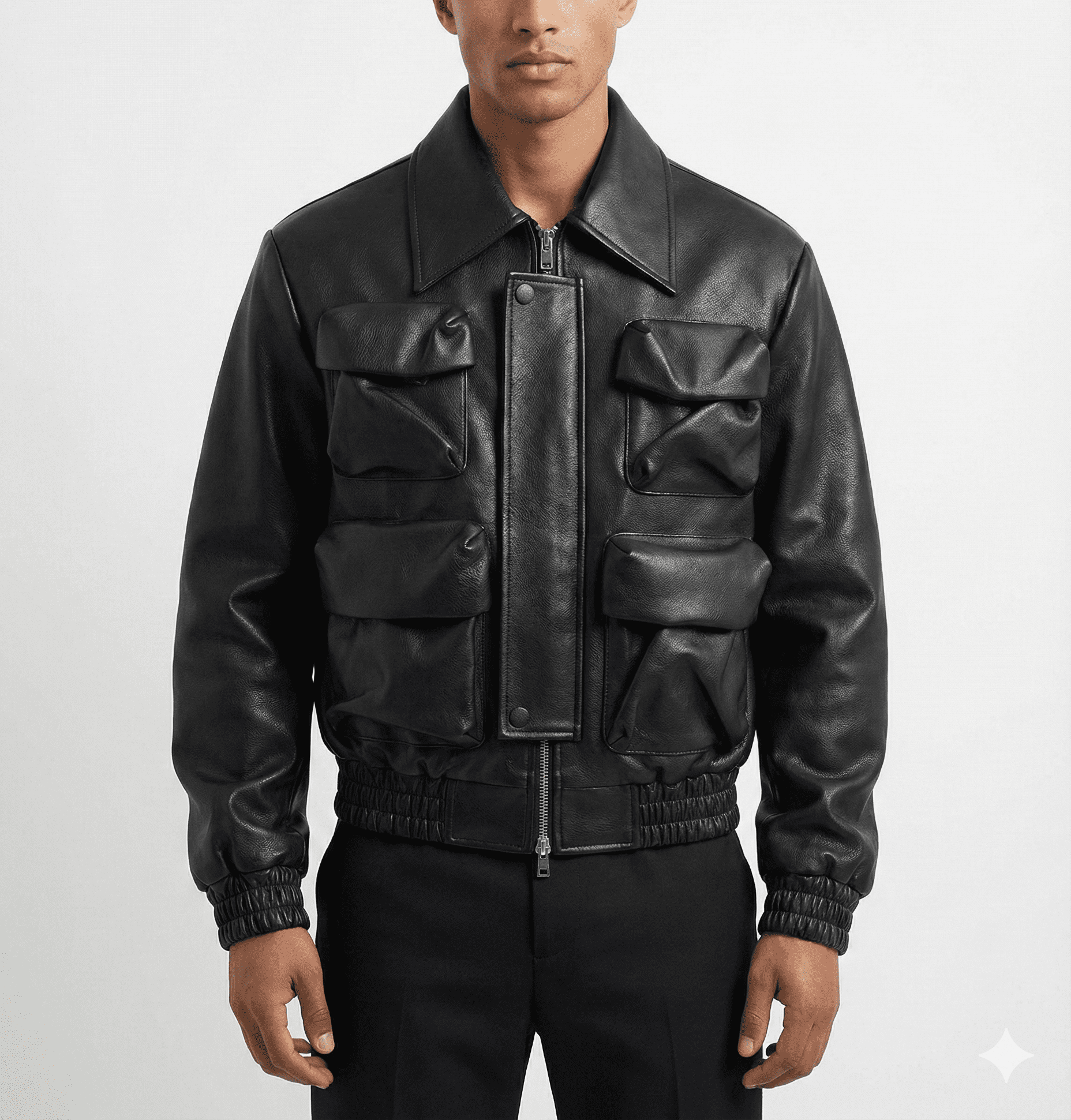 Black Utility Pocket Leather Bomber Jacket