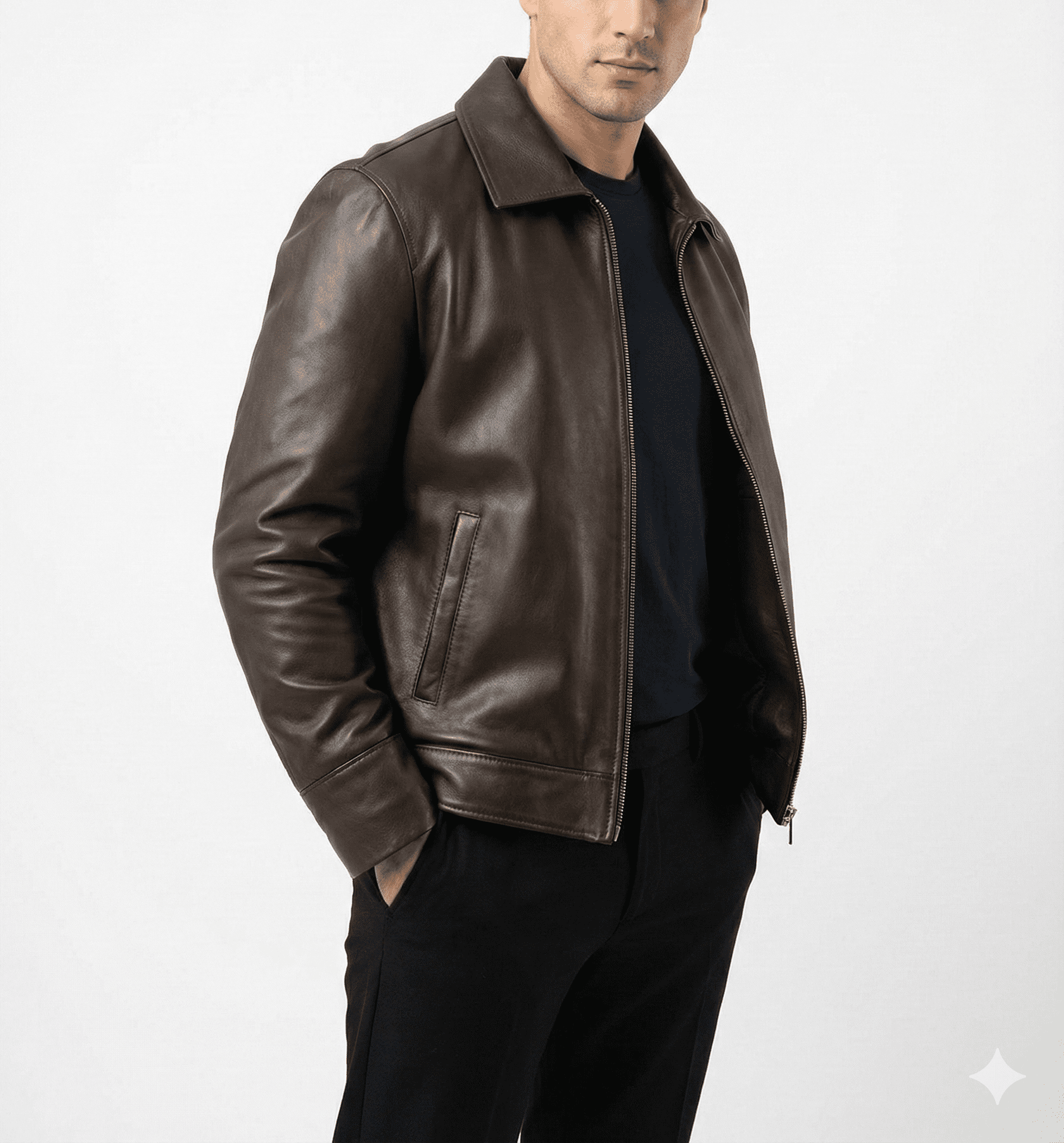 Dark Brown Classic Zip-Front Leather Jacket