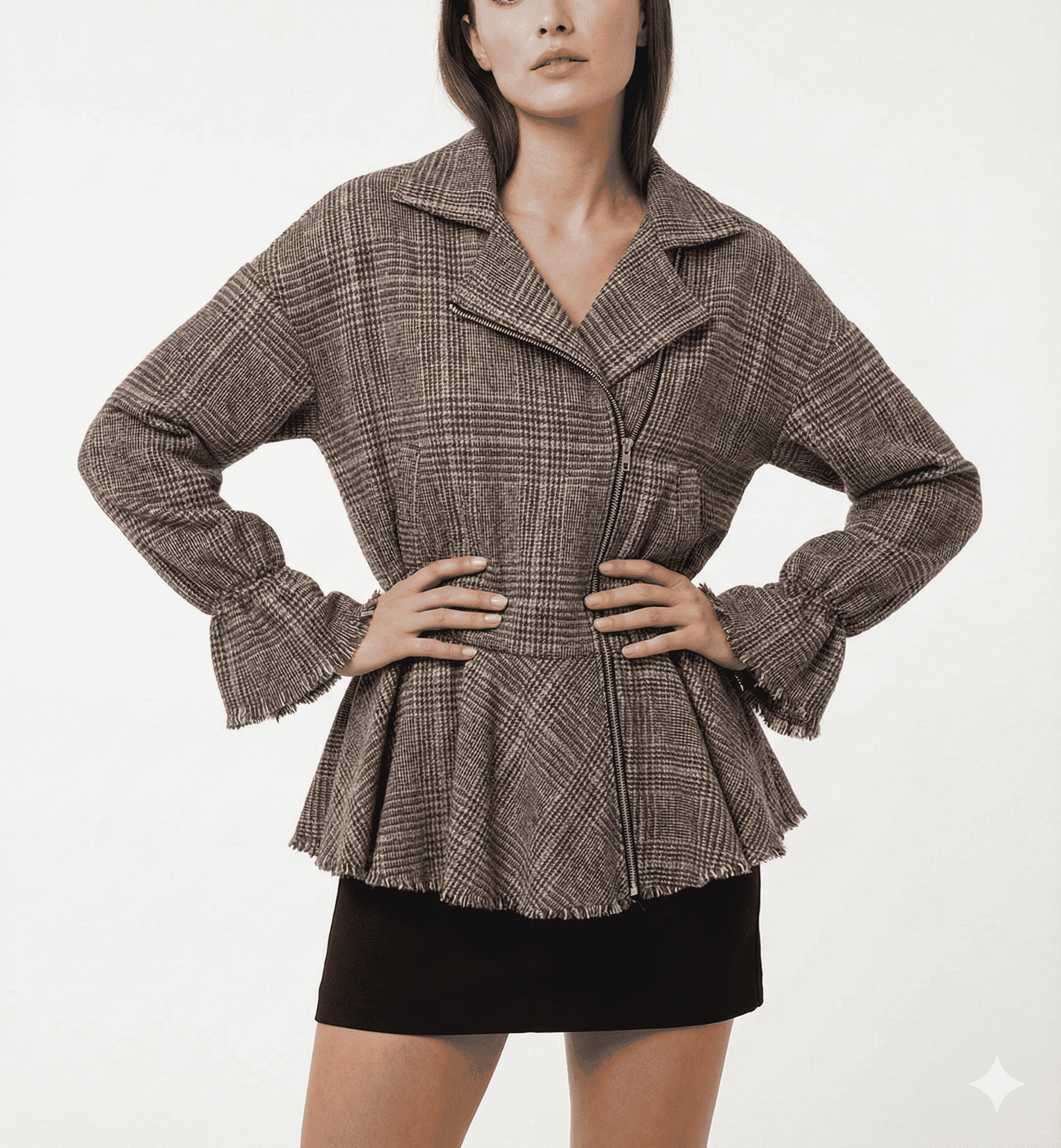 Latest Brown Plaid Belted Peplum Jacket