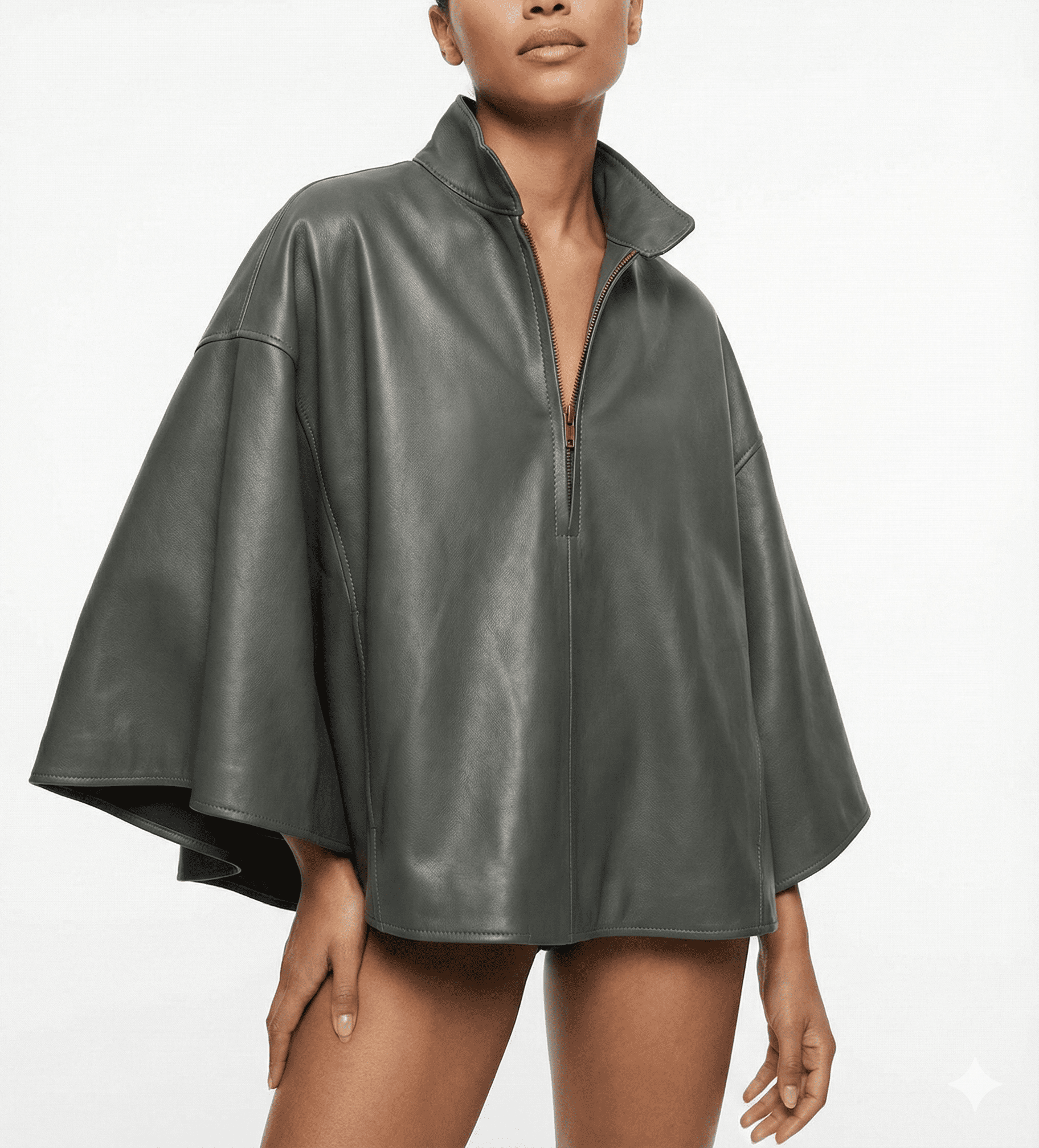Olive Green Cropped Half-Zip Leather Top