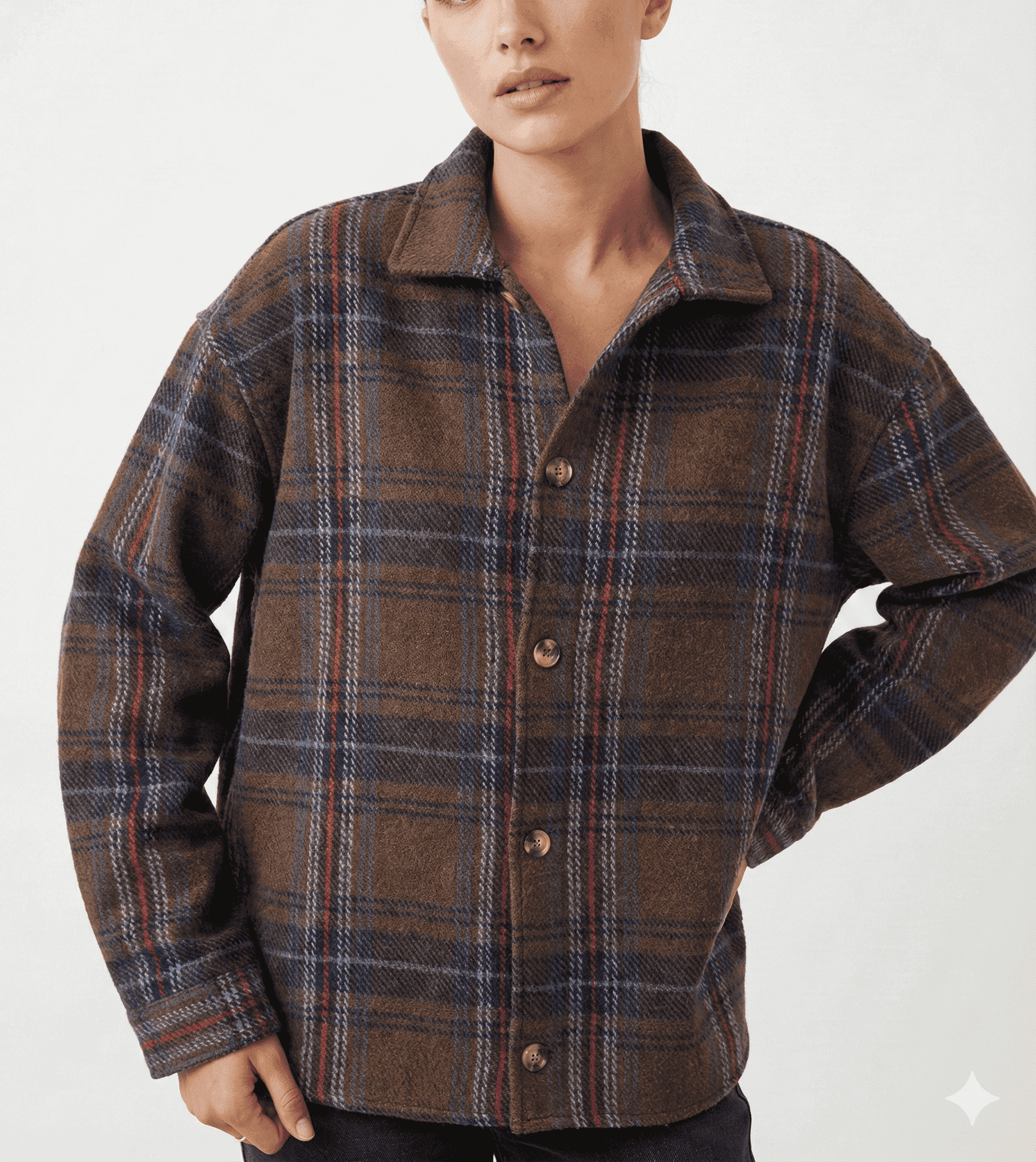 Brown Plaid Button-Down Wool Overshirt