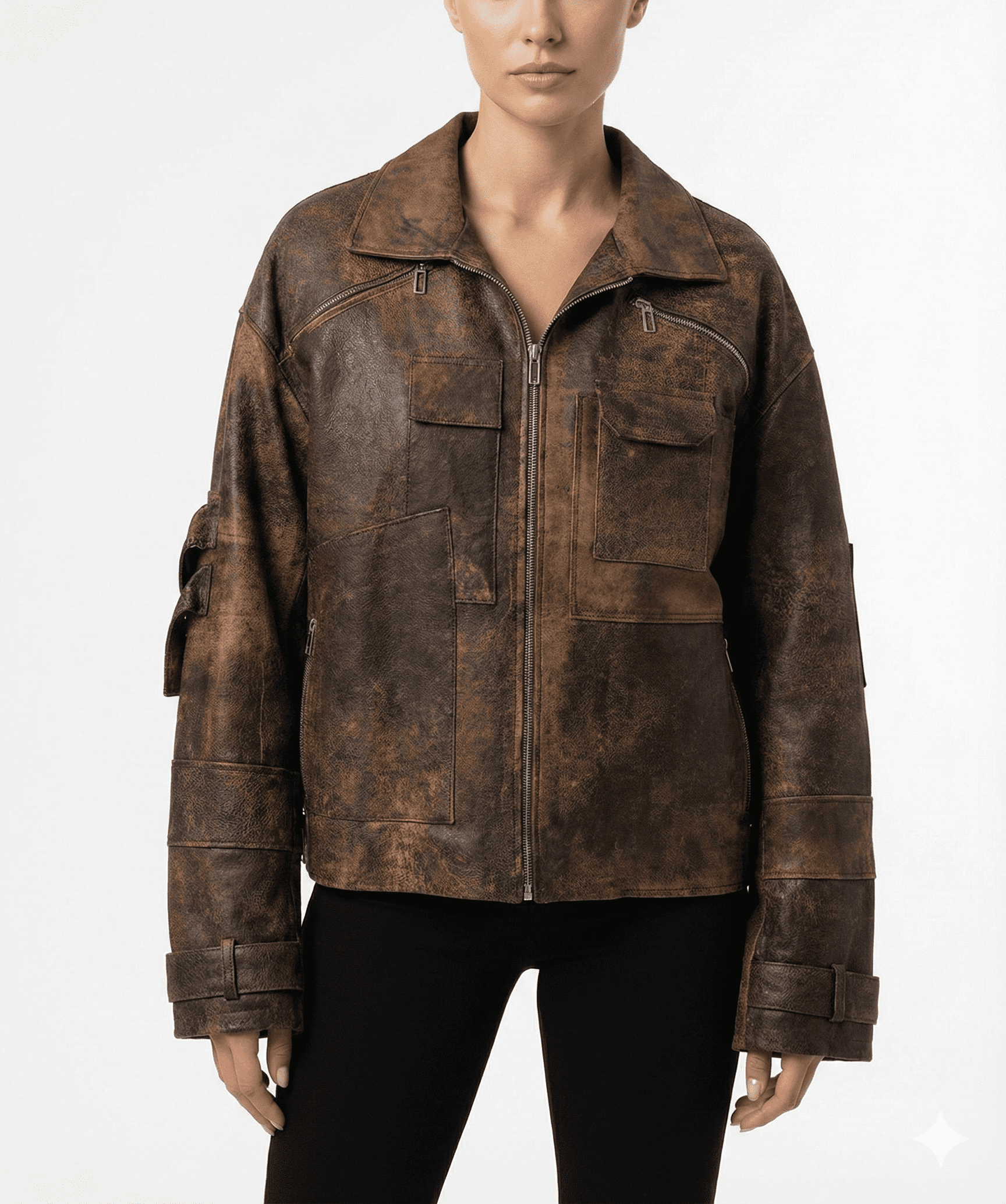 Vintage Brown Utility Pocket Leather Jacket