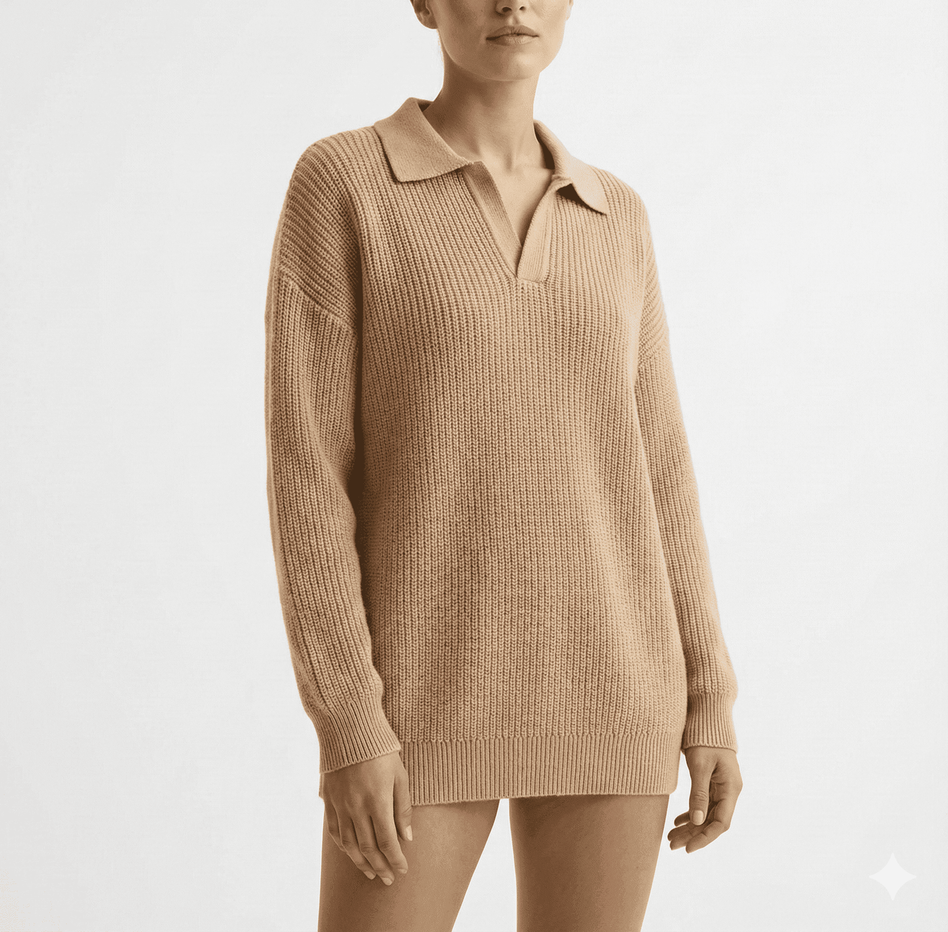 Best Price Beige Ribbed Polo-Collar Knit Sweater