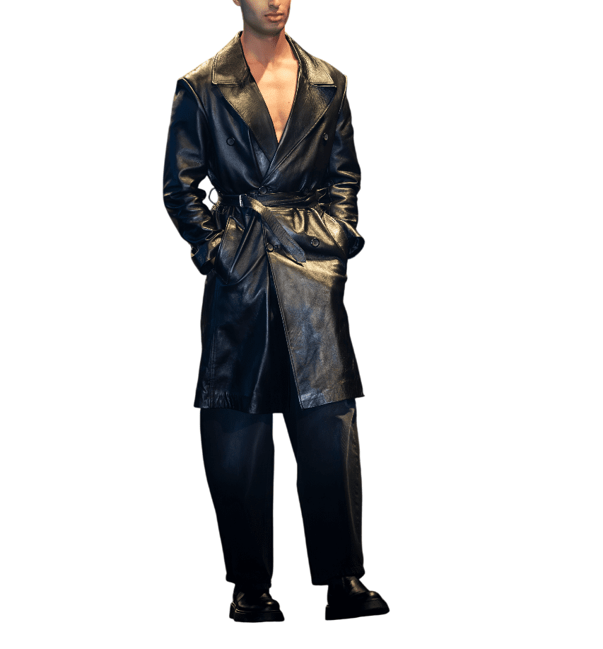 Black Double-Breasted Classic Leather Trench Coat | Elegant Fashi