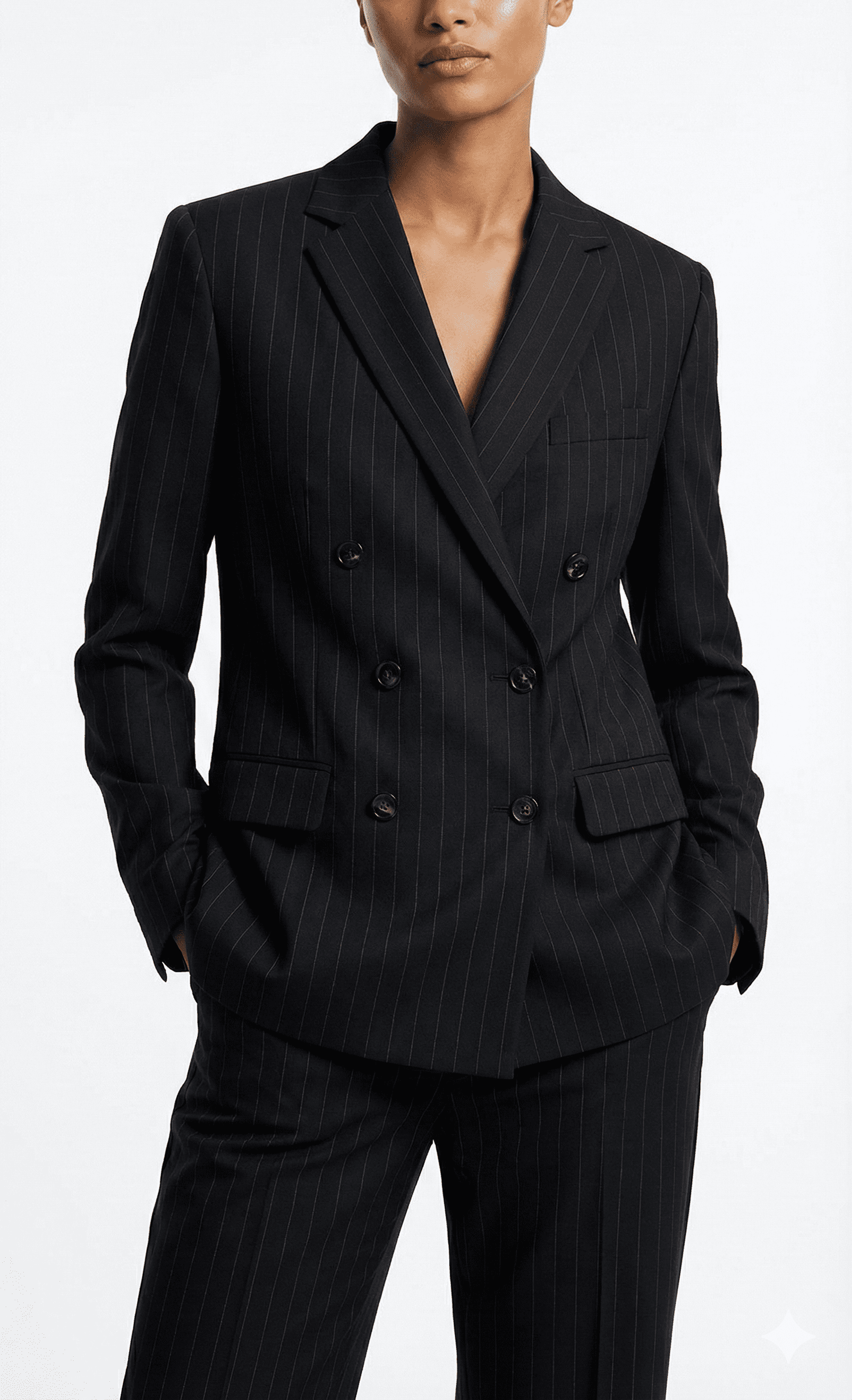 Black Double-Breasted Pinstripe Tailored Blazer