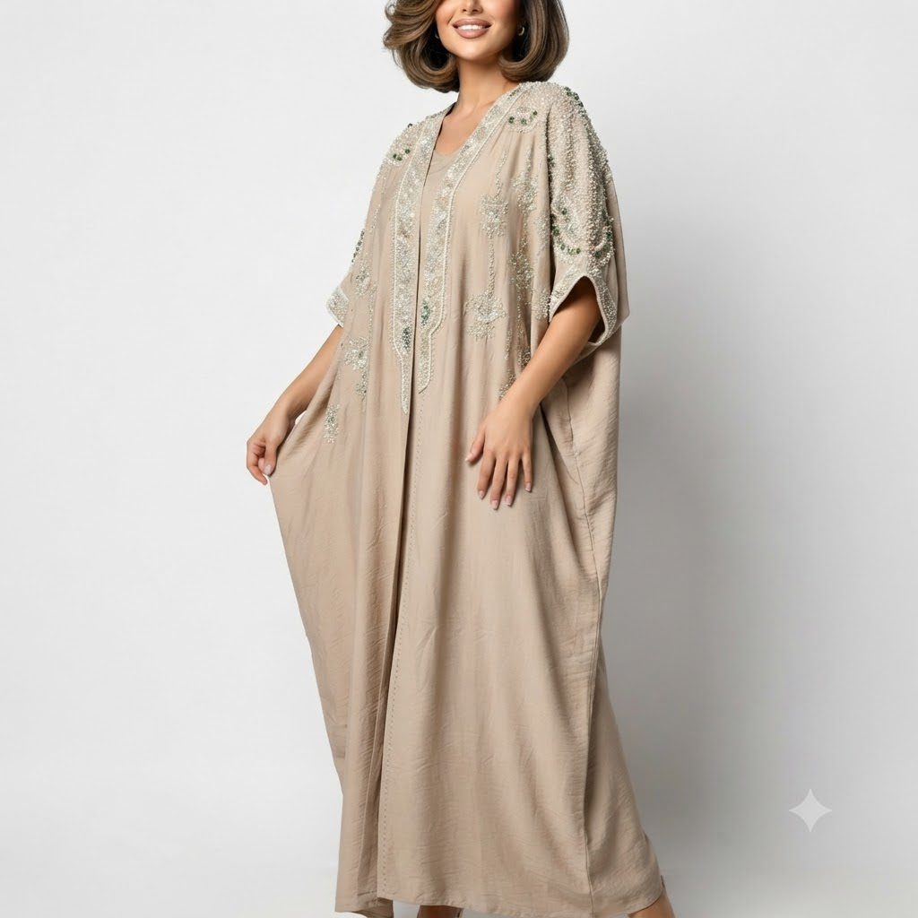 Beige Embellished Kimono-Style Kaftan
