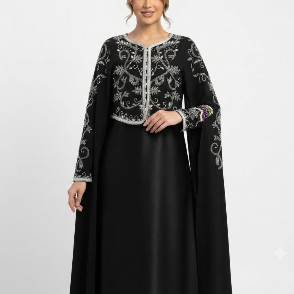Black Cape-Style Embellished Evening Kaftan