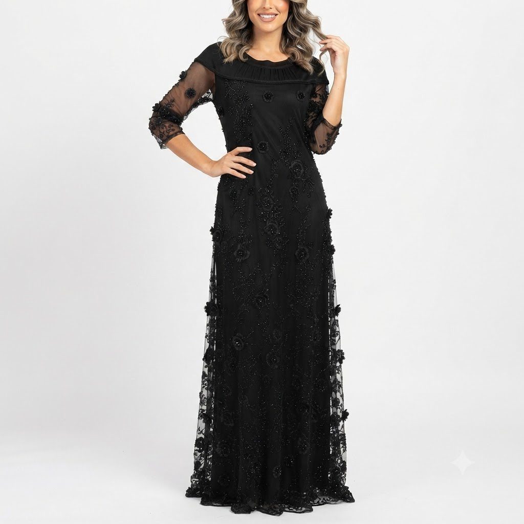 Black Floral Embellished Floor-Length Gown