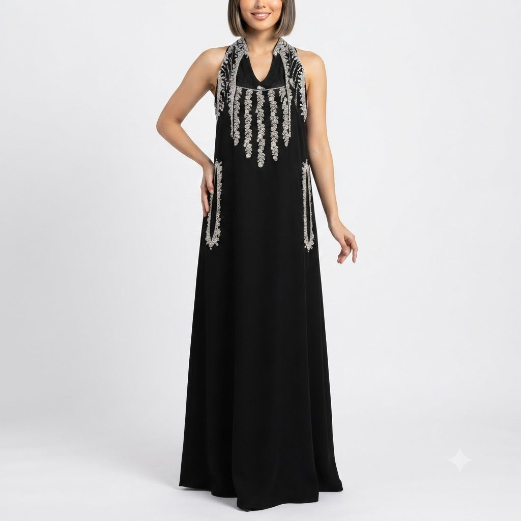 Black Halter-Neck Embellished Evening Dress
