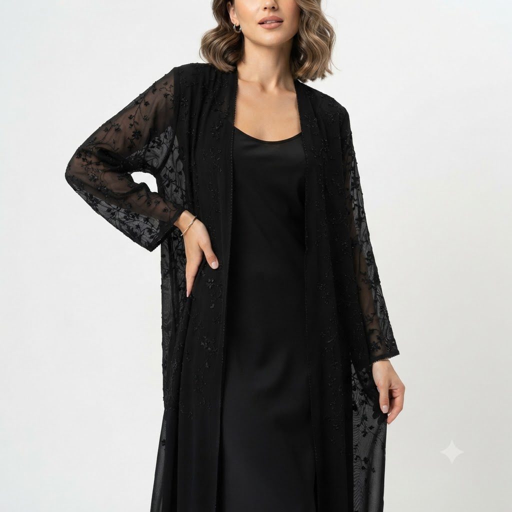 Black Sheer Embroidered Overlay Kaftan