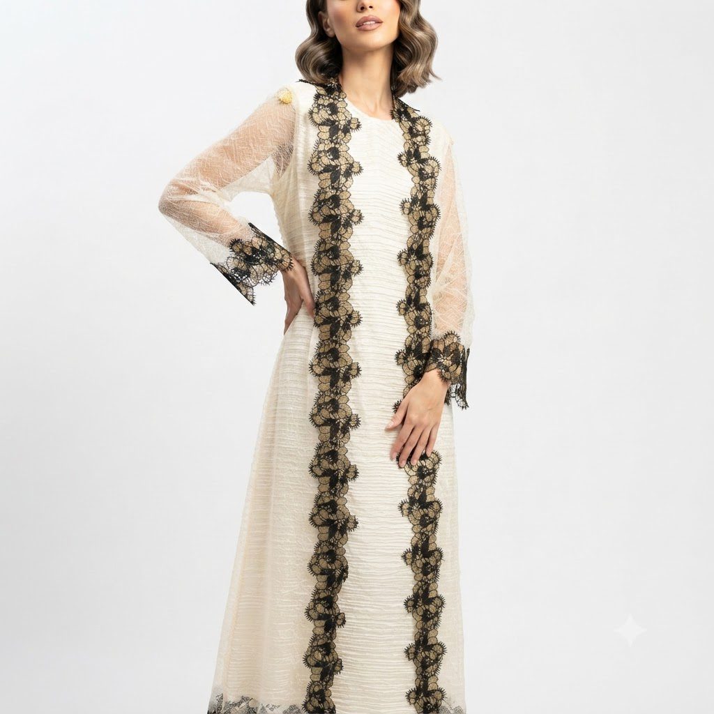 Cream and Black Lace Kaftan