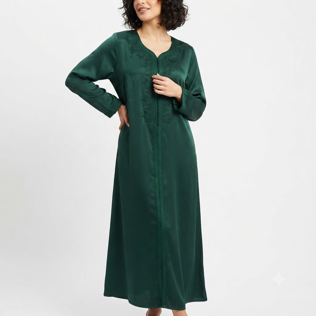 Emerald Satin Embroidered Kaftan