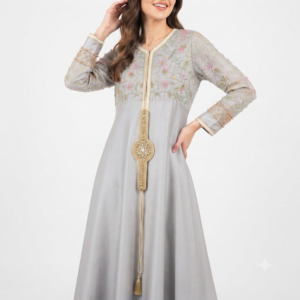 Grey Embroidered Kaftan Dress