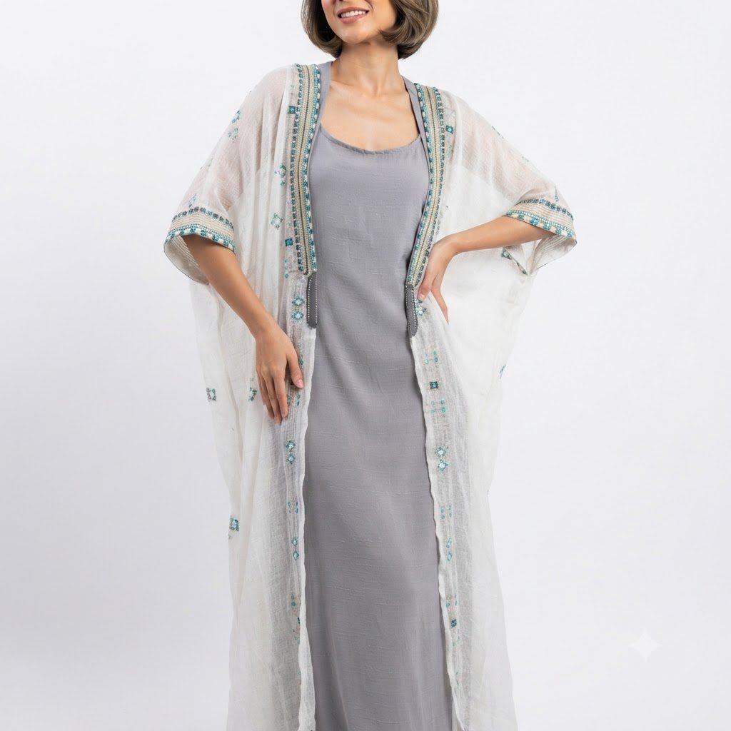 Grey Layered Embroidered Kaftan
