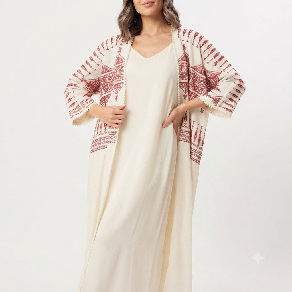 Ivory & Crimson Embroidered Kaftan