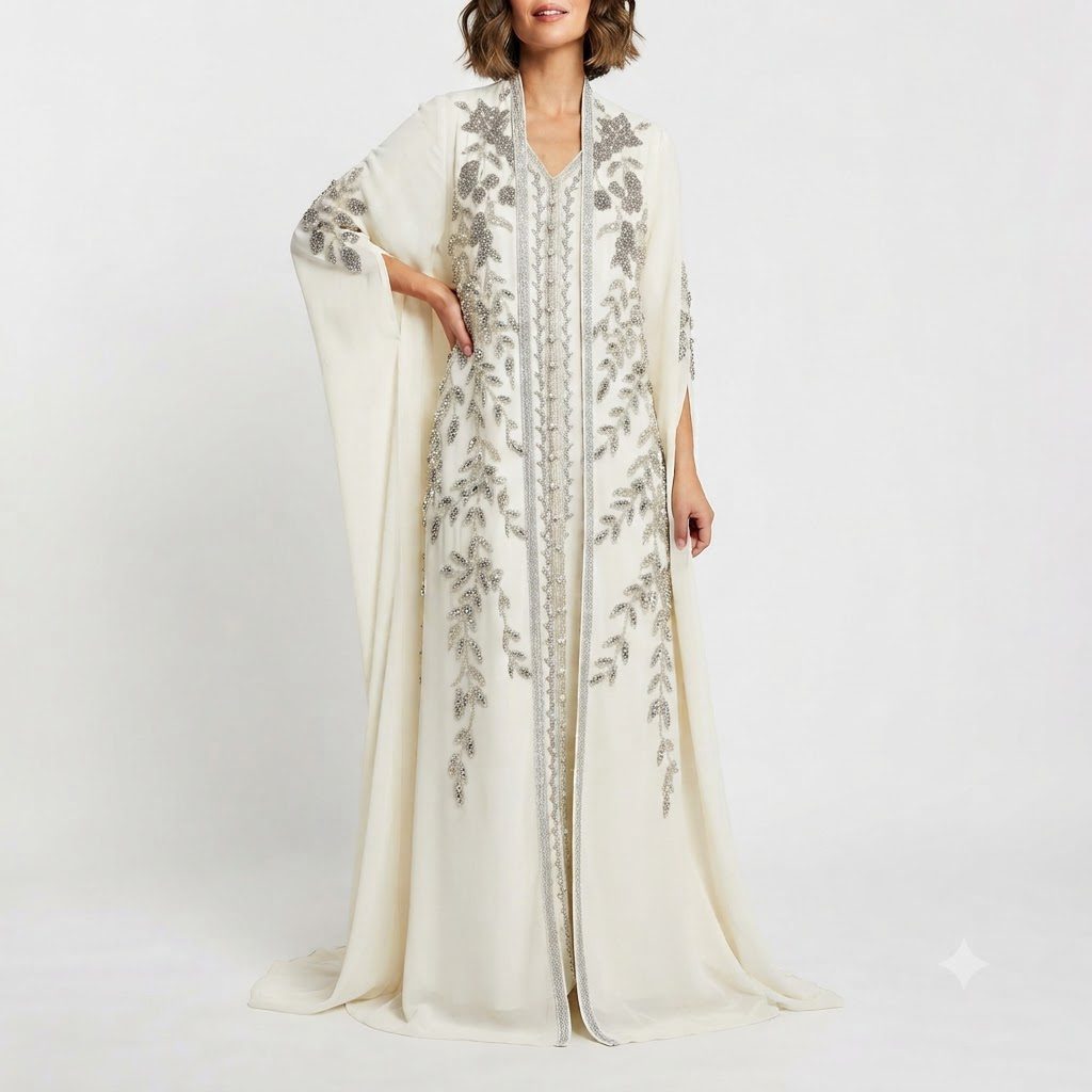 Ivory Embellished Floor-Length Kaftan