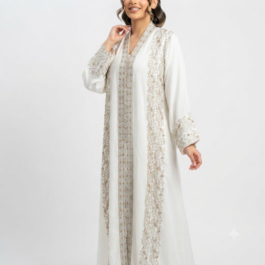 Ivory & Gold Floral Embroidered Kaftan