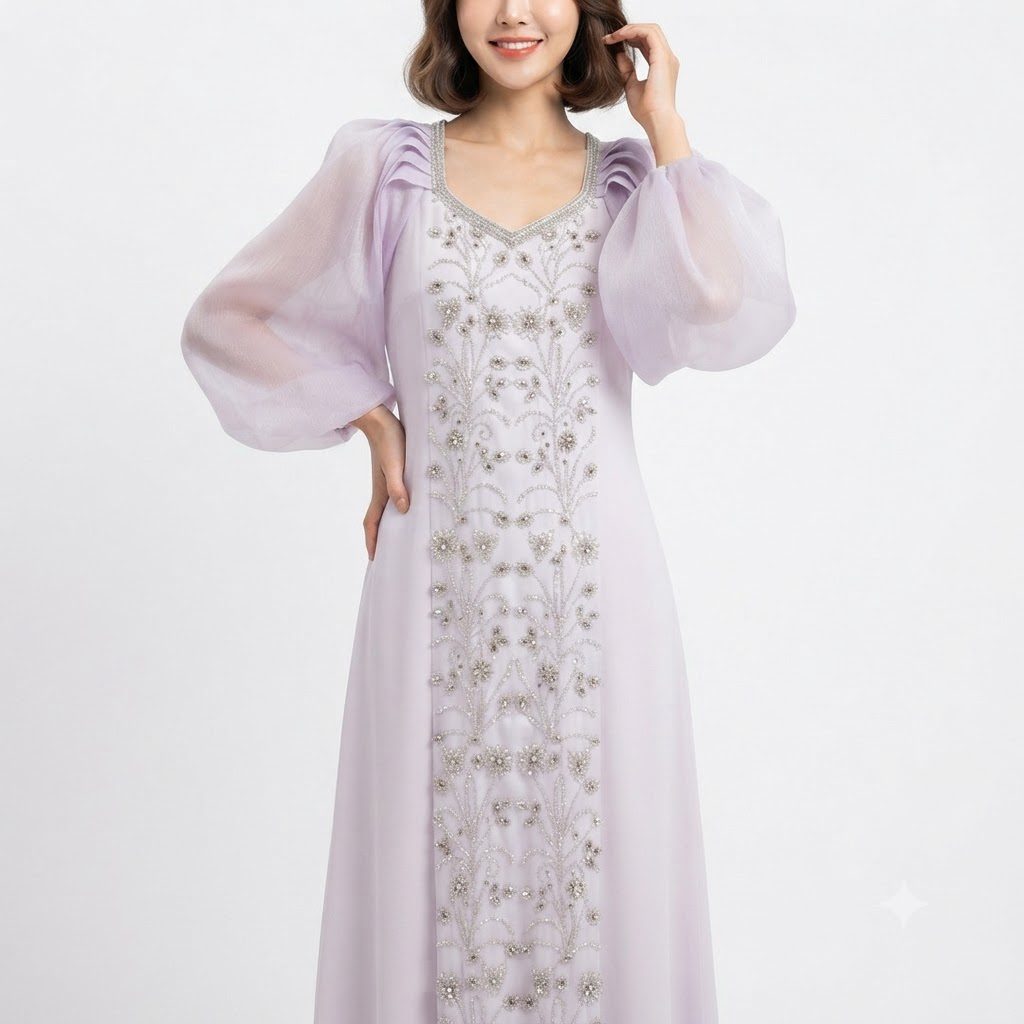 Lavender Embellished Puff-Sleeve Evening Dress