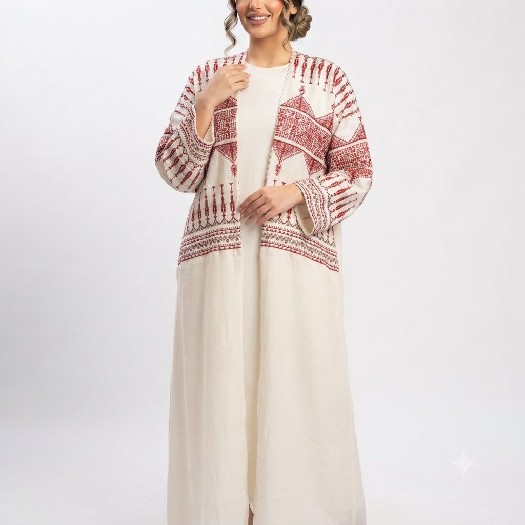 Off-White Layered Kaftan with Red Geometric Embroidery