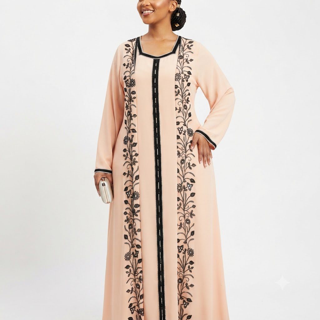 Peach & Black Floral Embellished Kaftan