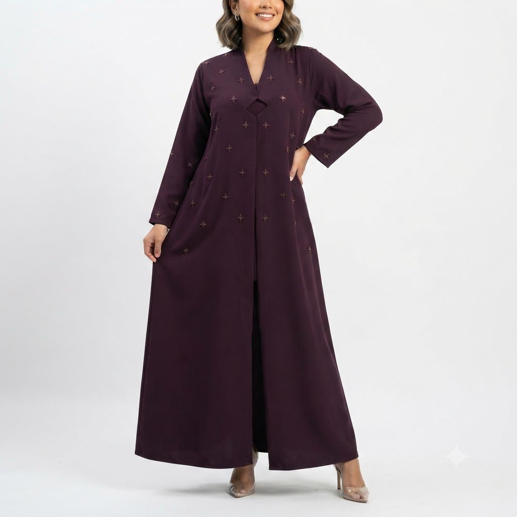 Plum Embellished Floor-Length Kaftan