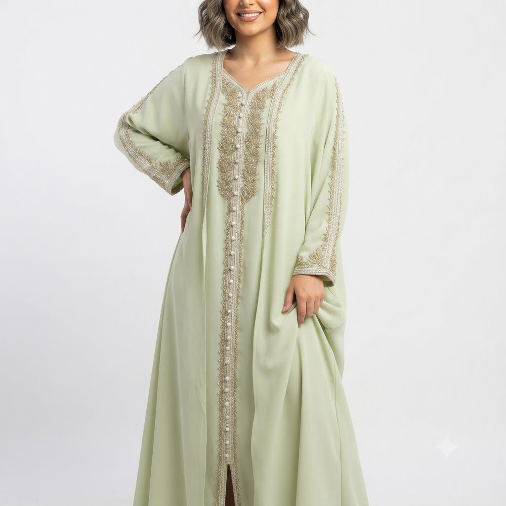 Sage Green Embroidered Floor-Length Kaftan