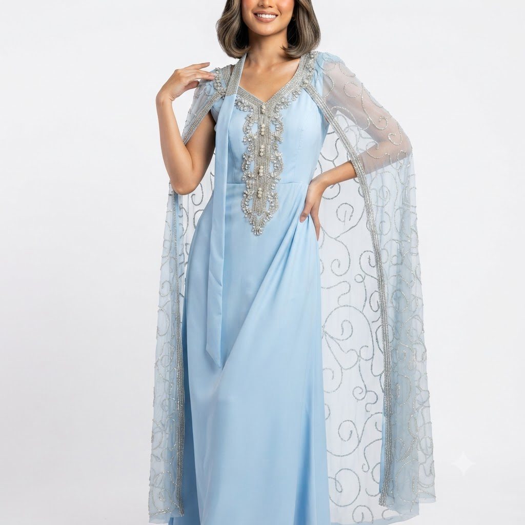 Sky Blue Embellished Cape Kaftan