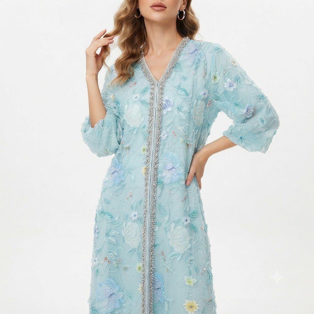 Sky Blue Floral Embellished Kaftan
