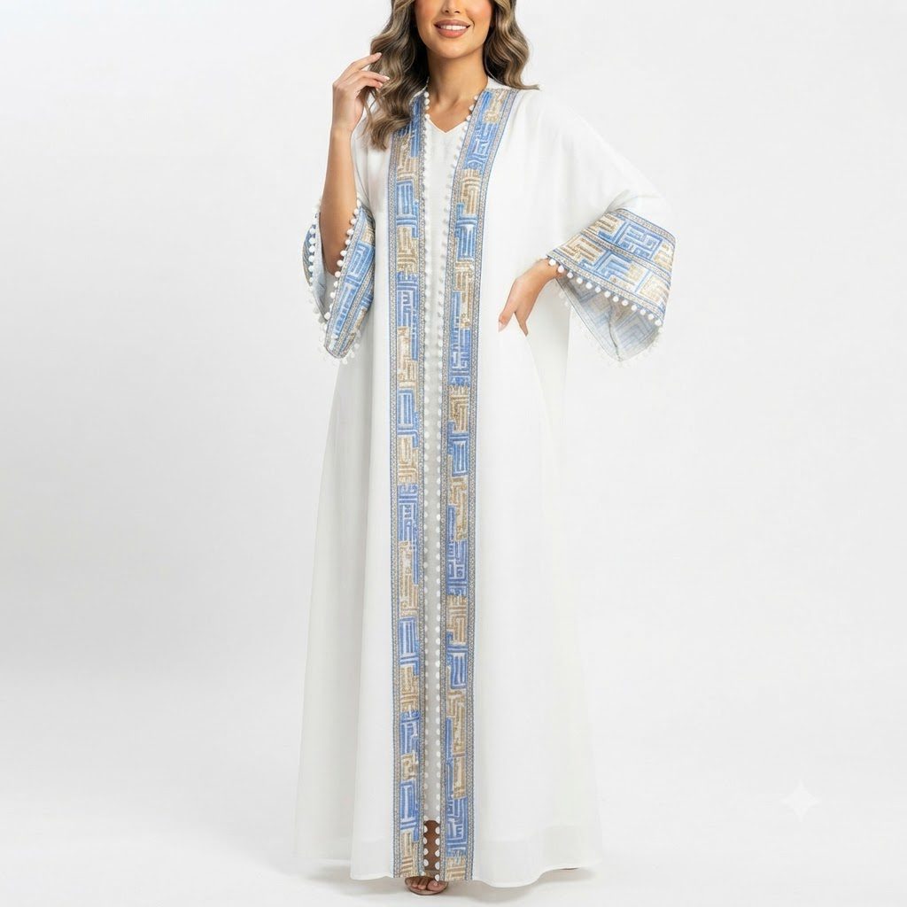 White & Blue Geometric Embroidered Kaftan
