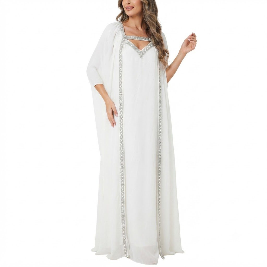 White Embellished Cut-Out Kaftan